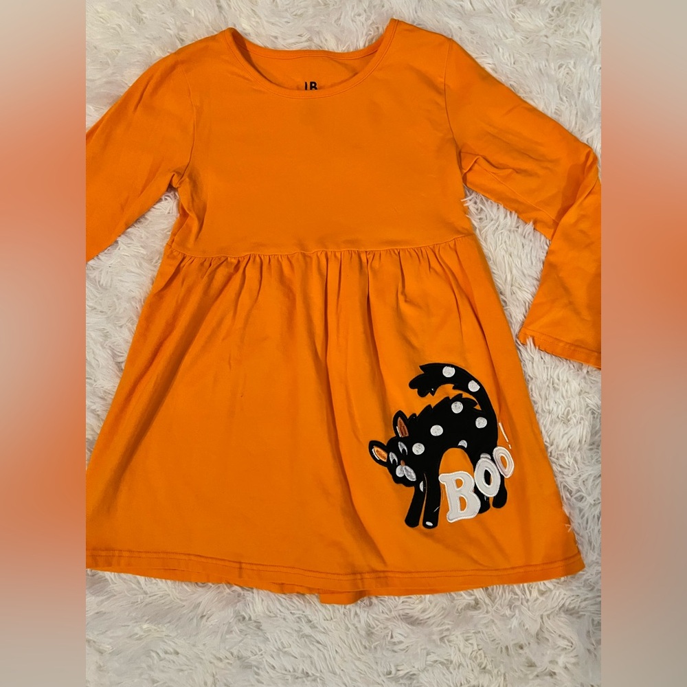Orange Halloween Dress with Black Cat Appliqué